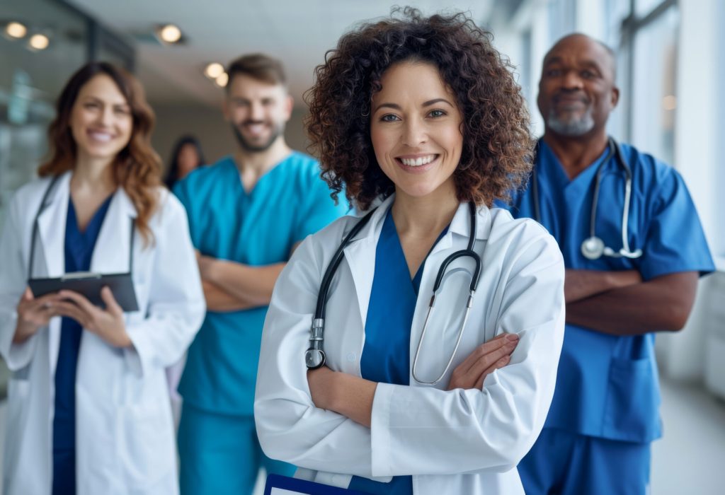 diverse group of smiling healthcare professionals, including doctors and nurses